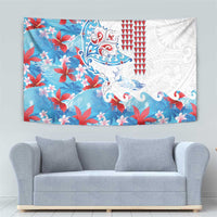 Hawaiian Tribal Manta Ray Tapestry Kakau Tattoo and Flowers Surfing Waves Pattern Ocean Color LT03 - Polynesian Pride