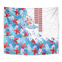 Hawaiian Tribal Manta Ray Tapestry Kakau Tattoo and Flowers Surfing Waves Pattern Ocean Color LT03 - Polynesian Pride