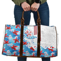 Hawaiian Tribal Manta Ray Travel Bag Kakau Tattoo and Flowers Surfing Waves Pattern Ocean Color