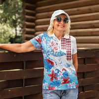 Hawaiian Tribal Manta Ray Women Polo Shirt Kakau Tattoo and Flowers Surfing Waves Pattern Ocean Color
