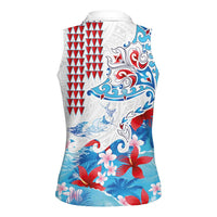 Hawaiian Tribal Manta Ray Women Sleeveless Polo Shirt Kakau Tattoo and Flowers Surfing Waves Pattern Ocean Color LT03 - Polynesian Pride
