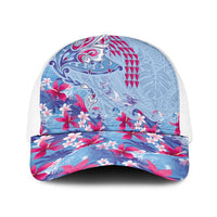 Hawaiian Tribal Manta Ray Baseball Net Cap Kakau Tattoo and Flowers Surfing Waves Pattern Soft Color