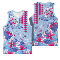 Hawaiian Tribal Manta Ray Basketball Jersey Kakau Tattoo and Flowers Surfing Waves Pattern Soft Color LT03 - Polynesian Pride