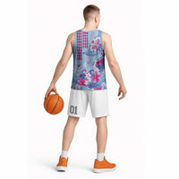 Hawaiian Tribal Manta Ray Basketball Jersey Kakau Tattoo and Flowers Surfing Waves Pattern Soft Color LT03 - Polynesian Pride