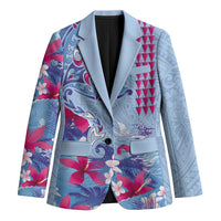 Hawaiian Tribal Manta Ray Blazer Kakau Tattoo and Flowers Surfing Waves Pattern Soft Color