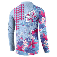 Hawaiian Tribal Manta Ray Button Sweatshirt Kakau Tattoo and Flowers Surfing Waves Pattern Soft Color
