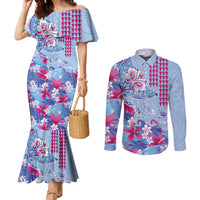 Hawaiian Tribal Manta Ray Couples Matching Mermaid Dress and Long Sleeve Button Shirt Kakau Tattoo and Flowers Surfing Waves Pattern Soft Color