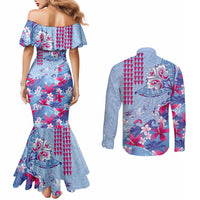 Hawaiian Tribal Manta Ray Couples Matching Mermaid Dress and Long Sleeve Button Shirt Kakau Tattoo and Flowers Surfing Waves Pattern Soft Color