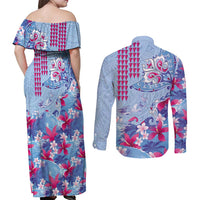 Hawaiian Tribal Manta Ray Couples Matching Off Shoulder Maxi Dress and Long Sleeve Button Shirt Kakau Tattoo and Flowers Surfing Waves Pattern Soft Color