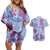 Hawaiian Tribal Manta Ray Couples Matching Off Shoulder Short Dress and Hawaiian Shirt Kakau Tattoo and Flowers Surfing Waves Pattern Soft Color