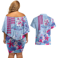 Hawaiian Tribal Manta Ray Couples Matching Off Shoulder Short Dress and Hawaiian Shirt Kakau Tattoo and Flowers Surfing Waves Pattern Soft Color