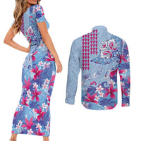 Hawaiian Tribal Manta Ray Couples Matching Short Sleeve Bodycon Dress and Long Sleeve Button Shirt Kakau Tattoo and Flowers Surfing Waves Pattern Soft Color