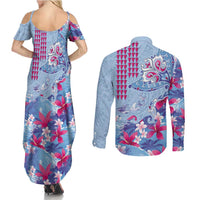 Hawaiian Tribal Manta Ray Couples Matching Summer Maxi Dress and Long Sleeve Button Shirt Kakau Tattoo and Flowers Surfing Waves Pattern Soft Color