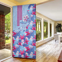 Hawaiian Tribal Manta Ray Door Cover Kakau Tattoo and Flowers Surfing Waves Pattern Soft Color