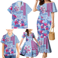 Hawaiian Tribal Manta Ray Family Matching Mermaid Dress and Hawaiian Shirt Kakau Tattoo and Flowers Surfing Waves Pattern Soft Color LT03 - Polynesian Pride