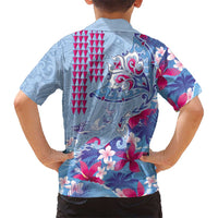 Hawaiian Tribal Manta Ray Family Matching Off Shoulder Short Dress and Hawaiian Shirt Kakau Tattoo and Flowers Surfing Waves Pattern Soft Color LT03 - Polynesian Pride