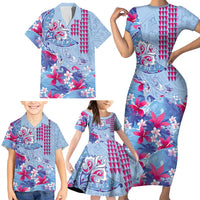 Hawaiian Tribal Manta Ray Family Matching Short Sleeve Bodycon Dress and Hawaiian Shirt Kakau Tattoo and Flowers Surfing Waves Pattern Soft Color LT03 - Polynesian Pride