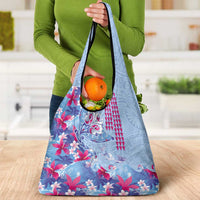 Hawaiian Tribal Manta Ray Grocery Bag Kakau Tattoo and Flowers Surfing Waves Pattern Soft Color LT03 - Polynesian Pride