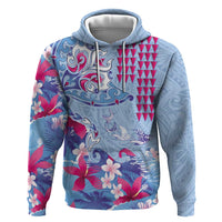 Hawaiian Tribal Manta Ray Hoodie Kakau Tattoo and Flowers Surfing Waves Pattern Soft Color