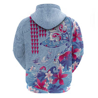 Hawaiian Tribal Manta Ray Hoodie Kakau Tattoo and Flowers Surfing Waves Pattern Soft Color