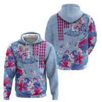 Hawaiian Tribal Manta Ray Hoodie Kakau Tattoo and Flowers Surfing Waves Pattern Soft Color