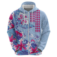Hawaiian Tribal Manta Ray Hoodie Kakau Tattoo and Flowers Surfing Waves Pattern Soft Color