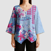 Hawaiian Tribal Manta Ray Kimono Sleeve Blouse Kakau Tattoo and Flowers Surfing Waves Pattern Soft Color