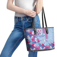 Hawaiian Tribal Manta Ray Leather Tote Bag Kakau Tattoo and Flowers Surfing Waves Pattern Soft Color LT03 - Polynesian Pride