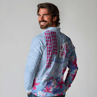 Hawaiian Tribal Manta Ray Long Sleeve Polo Shirt Kakau Tattoo and Flowers Surfing Waves Pattern Soft Color