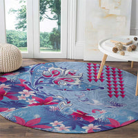 Hawaiian Tribal Manta Ray Round Carpet Kakau Tattoo and Flowers Surfing Waves Pattern Soft Color