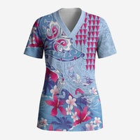 Hawaiian Tribal Manta Ray Scrub Top Kakau Tattoo and Flowers Surfing Waves Pattern Soft Color