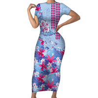 Hawaiian Tribal Manta Ray Short Sleeve Bodycon Dress Kakau Tattoo and Flowers Surfing Waves Pattern Soft Color LT03 Long Dress Multicolor - Polynesian Pride