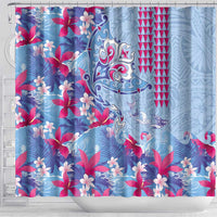 Hawaiian Tribal Manta Ray Shower Curtain Kakau Tattoo and Flowers Surfing Waves Pattern Soft Color LT03 - Polynesian Pride