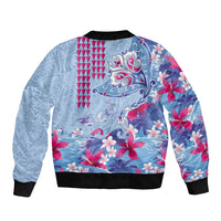 Hawaiian Tribal Manta Ray Sleeve Zip Bomber Jacket Kakau Tattoo and Flowers Surfing Waves Pattern Soft Color