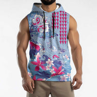 Hawaiian Tribal Manta Ray Sleeveless Hoodie Kakau Tattoo and Flowers Surfing Waves Pattern Soft Color
