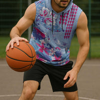 Hawaiian Tribal Manta Ray Sleeveless Hoodie Kakau Tattoo and Flowers Surfing Waves Pattern Soft Color