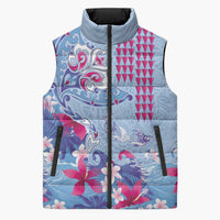Hawaiian Tribal Manta Ray Sleeveless Puffer Jacket Kakau Tattoo and Flowers Surfing Waves Pattern Soft Color