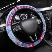 Hawaiian Tribal Manta Ray Steering Wheel Cover Kakau Tattoo and Flowers Surfing Waves Pattern Soft Color LT03 Universal Fit Multicolor - Polynesian Pride