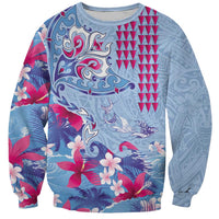 Hawaiian Tribal Manta Ray Sweatshirt Kakau Tattoo and Flowers Surfing Waves Pattern Soft Color