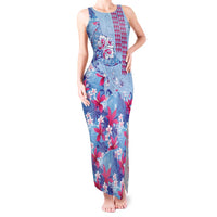 Hawaiian Tribal Manta Ray Tank Maxi Dress Kakau Tattoo and Flowers Surfing Waves Pattern Soft Color