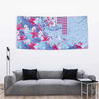 Hawaiian Tribal Manta Ray Tapestry Kakau Tattoo and Flowers Surfing Waves Pattern Soft Color