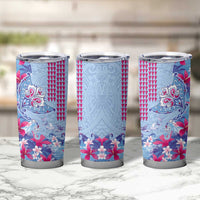 Hawaiian Tribal Manta Ray Tumbler Cup Kakau Tattoo and Flowers Surfing Waves Pattern Soft Color