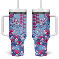 Hawaiian Tribal Manta Ray Tumbler With Handle Kakau Tattoo and Flowers Surfing Waves Pattern Soft Color