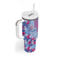 Hawaiian Tribal Manta Ray Tumbler With Handle Kakau Tattoo and Flowers Surfing Waves Pattern Soft Color