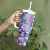 Hawaiian Tribal Manta Ray Tumbler With Handle Kakau Tattoo and Flowers Surfing Waves Pattern Soft Color