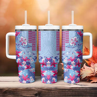 Hawaiian Tribal Manta Ray Tumbler With Handle Kakau Tattoo and Flowers Surfing Waves Pattern Soft Color