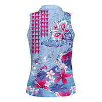 Hawaiian Tribal Manta Ray Women Sleeveless Polo Shirt Kakau Tattoo and Flowers Surfing Waves Pattern Soft Color