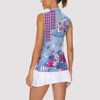 Hawaiian Tribal Manta Ray Women Sleeveless Polo Shirt Kakau Tattoo and Flowers Surfing Waves Pattern Soft Color