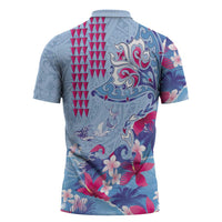 Hawaiian Tribal Manta Ray Zipper Polo Shirt Kakau Tattoo and Flowers Surfing Waves Pattern Soft Color LT03 - Polynesian Pride