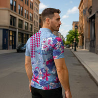 Hawaiian Tribal Manta Ray Zipper Polo Shirt Kakau Tattoo and Flowers Surfing Waves Pattern Soft Color LT03 - Polynesian Pride